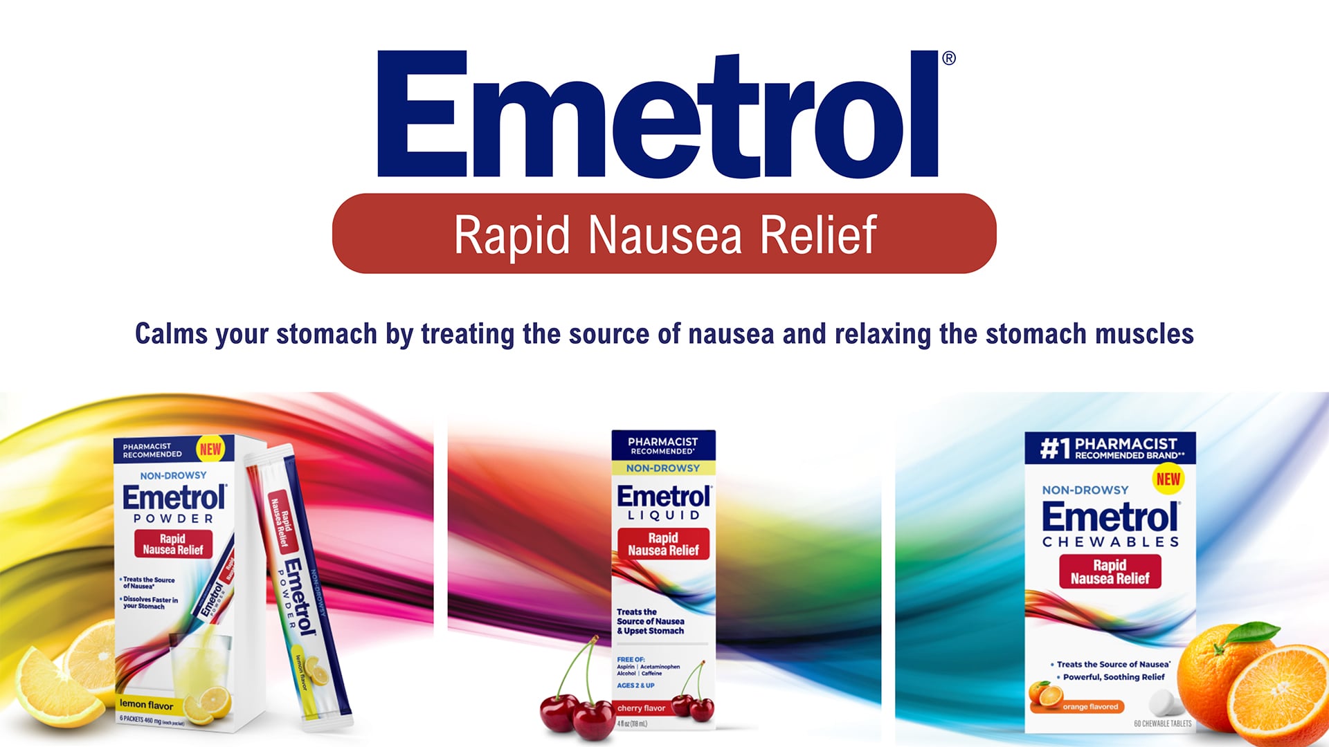 Emetrol's family of nausea relief products. Text states 'Calms your stomach by treating the source of nausea and relaxing the stomach muscles,' with images of Emetrol Powder in lemon flavor, Emetrol Liquid in cherry flavor, and Emetrol Chewables in orange flavor, each beside corresponding fruit slices.